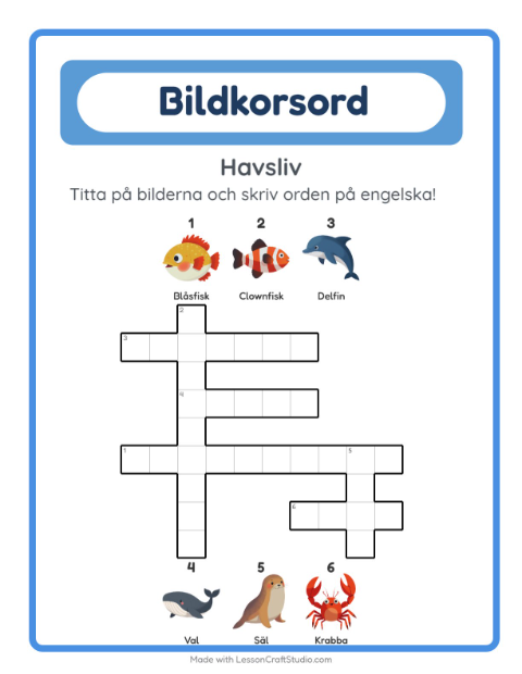 Engelskt bildkorsord – Havsliv