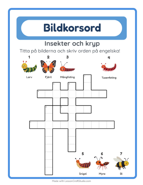 Förhandsvisning av Lär dig engelska: Insekter och kryp – korsord för barn