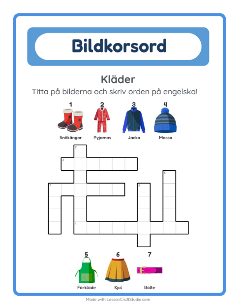 Engelskt bildkorsord – Kläder