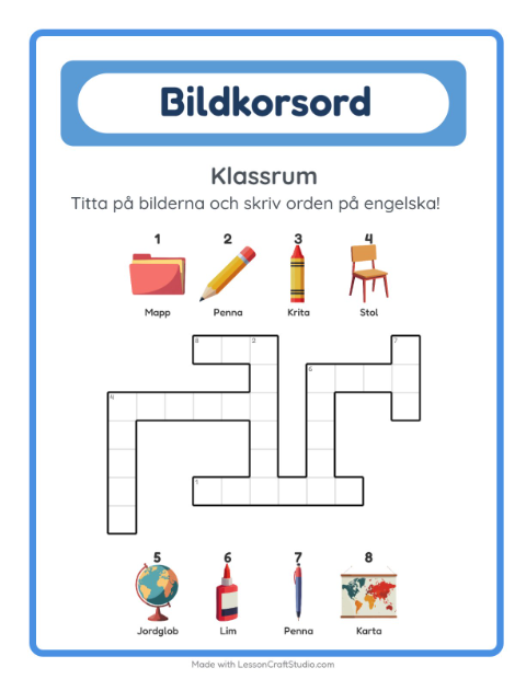 Engelskt bildkorsord – Klassrum