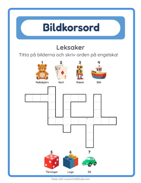 Engelskt bildkorsord – Leksaker
