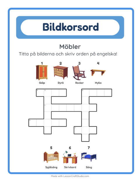 Engelskt bildkorsord – Möbler