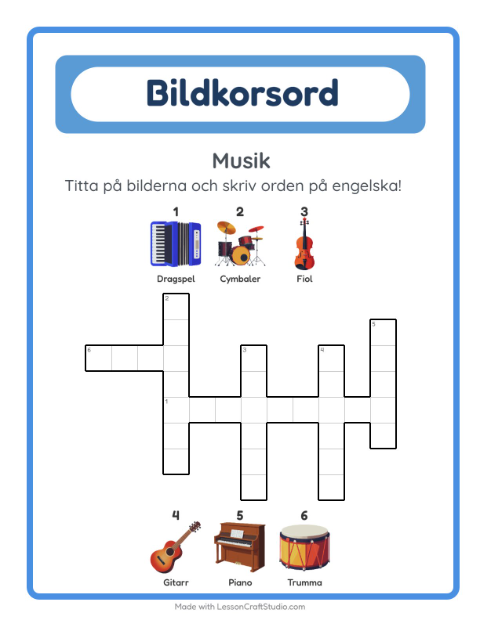 Förhandsvisning av Lär dig engelska: Musik – korsord för barn