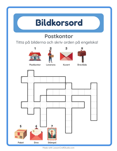 Förhandsvisning av Lär dig engelska: Postkontor – korsord för barn