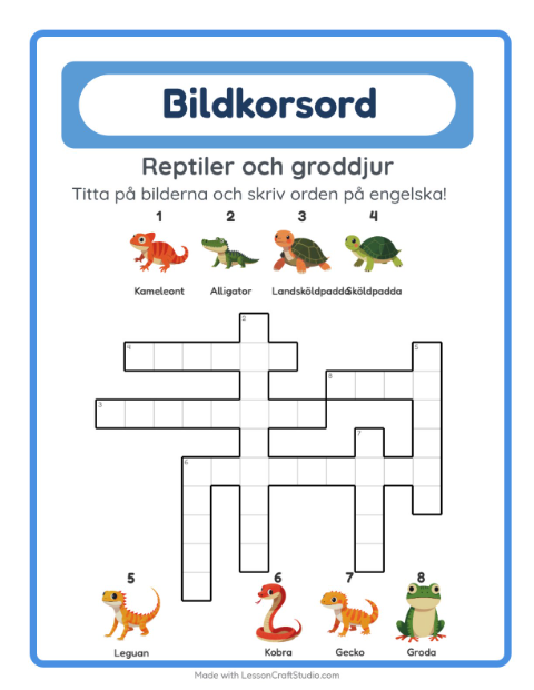 Engelskt bildkorsord – Reptiler och groddjur
