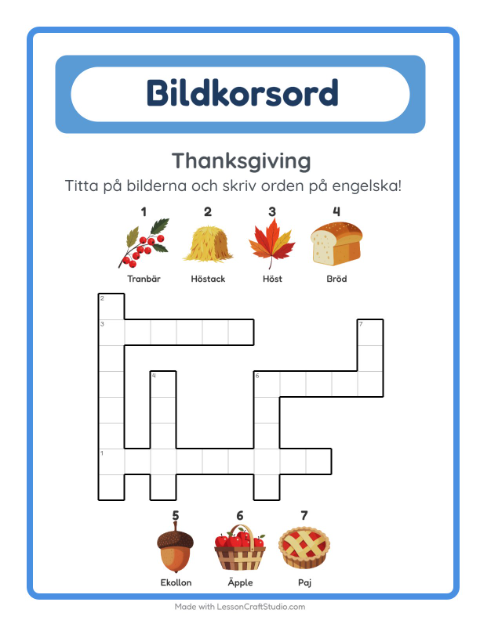 Förhandsvisning av Lär dig engelska: Thanksgiving – korsord för barn