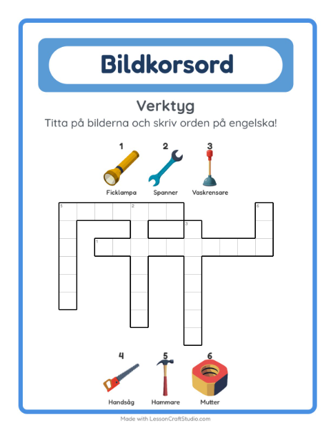 Förhandsvisning av Lär dig engelska: Verktyg – korsord för barn