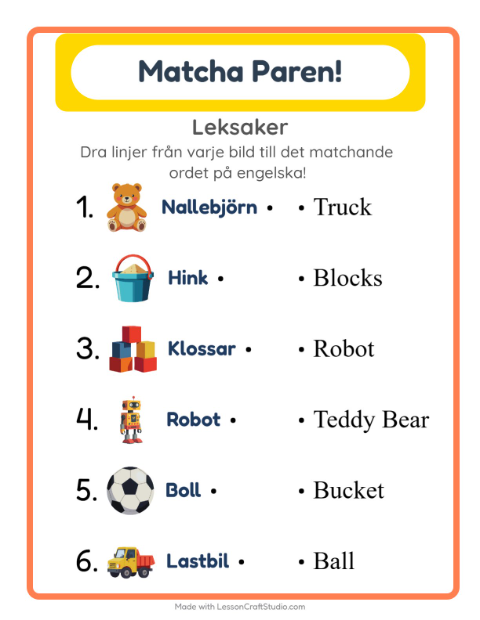Engelsk bildmatchning – Leksaker