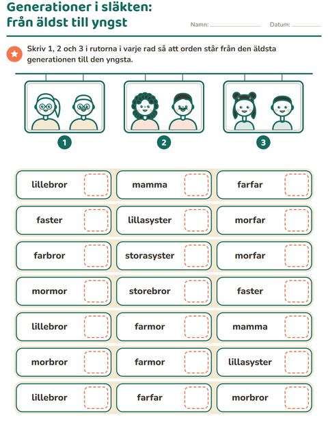 Förhandsvisning av Familj och släkt-arbetsblad för Årskurs 1