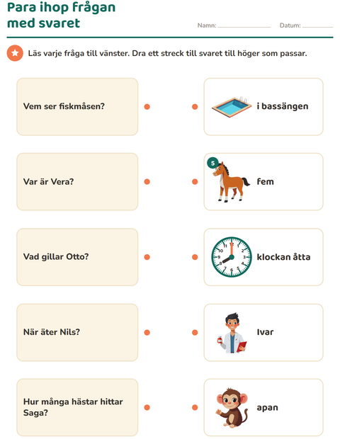 Förhandsvisning av Frågeord-arbetsblad för Årskurs 1