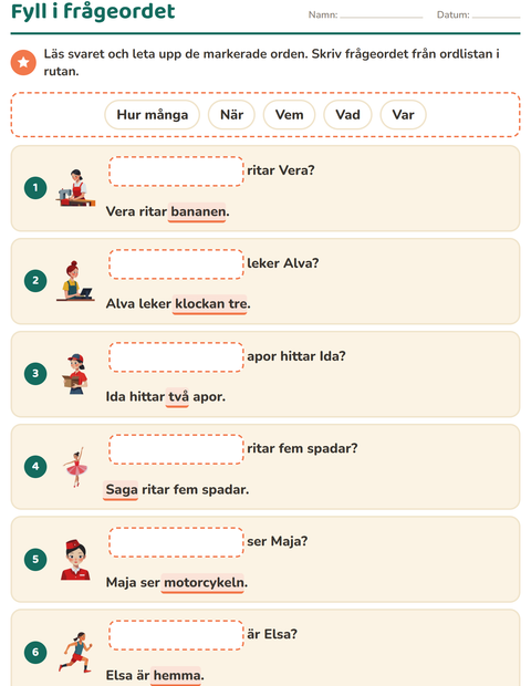 Förhandsvisning av Frågeord-arbetsblad för Årskurs 1