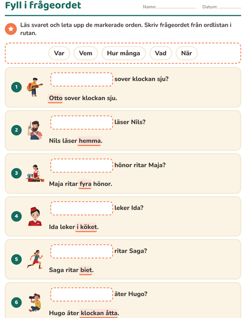 Förhandsvisning av Frågeord-arbetsblad för Årskurs 1