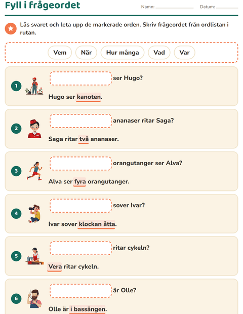 Förhandsvisning av Frågeord-arbetsblad för Årskurs 1