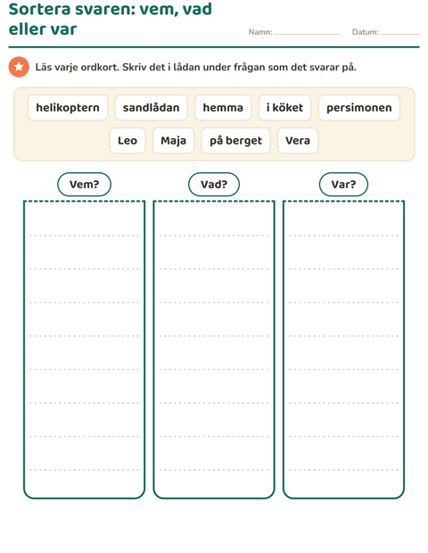 Sortera svaren: vem, vad eller var
