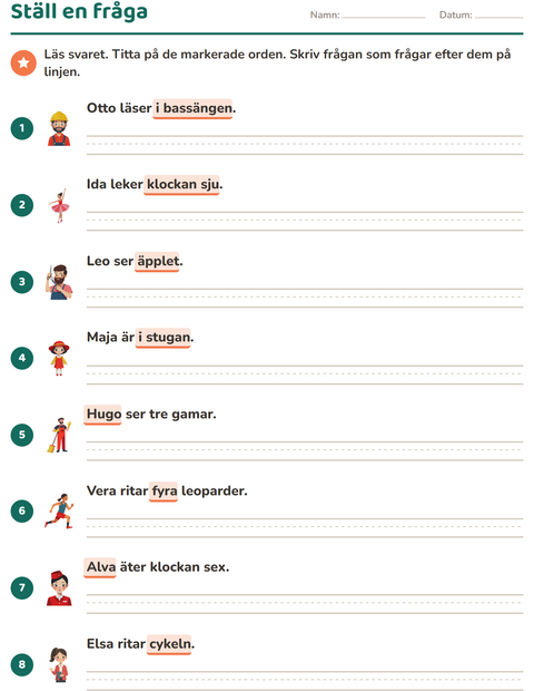 Förhandsvisning av Frågeord-arbetsblad för Årskurs 2
