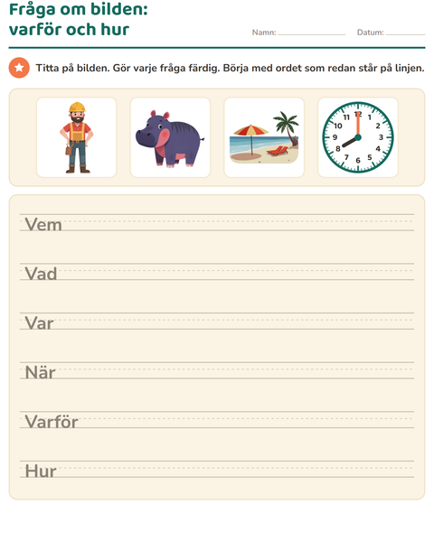 Förhandsvisning av Frågeord-arbetsblad för Årskurs 2