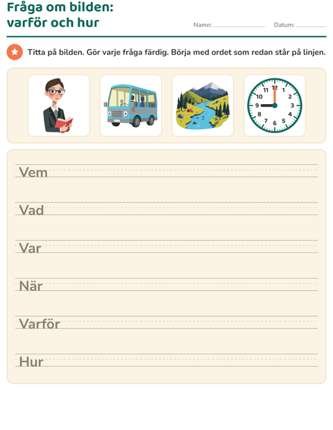Förhandsvisning av Frågeord-arbetsblad för Årskurs 2
