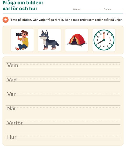 Förhandsvisning av Frågeord-arbetsblad för Årskurs 2