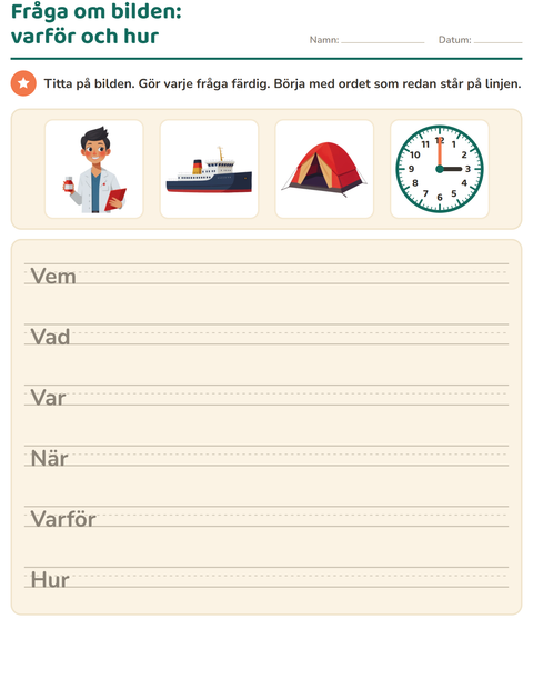 Förhandsvisning av Frågeord-arbetsblad för Årskurs 2