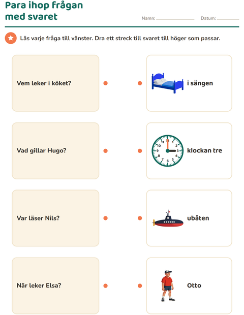 Förhandsvisning av Frågeord-arbetsblad för Årskurs 1