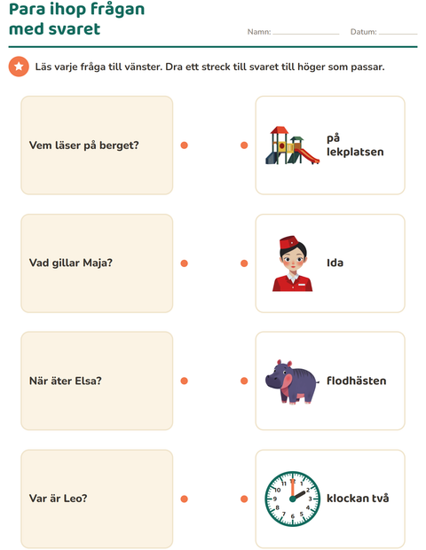 Förhandsvisning av Frågeord-arbetsblad för Årskurs 1