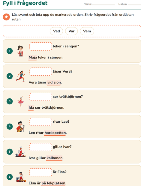Förhandsvisning av Frågeord-arbetsblad för Årskurs 1