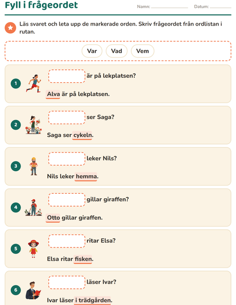 Förhandsvisning av Frågeord-arbetsblad för Årskurs 1
