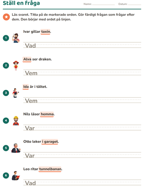 Förhandsvisning av Frågeord-arbetsblad för Årskurs 2