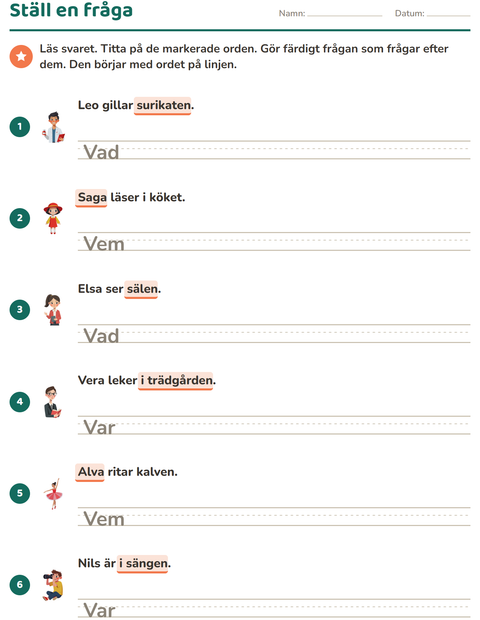 Förhandsvisning av Frågeord-arbetsblad för Årskurs 2