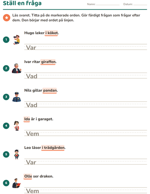 Förhandsvisning av Frågeord-arbetsblad för Årskurs 2
