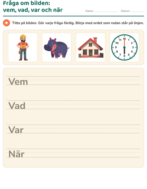 Förhandsvisning av Frågeord-arbetsblad för Årskurs 2