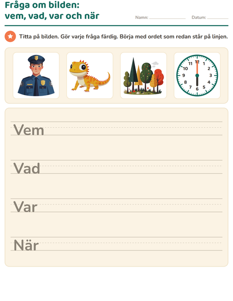 Förhandsvisning av Frågeord-arbetsblad för Årskurs 2
