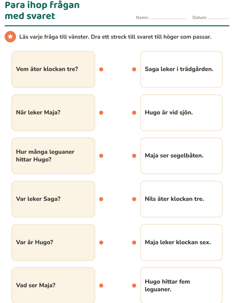 Förhandsvisning av Frågeord-arbetsblad för Årskurs 1