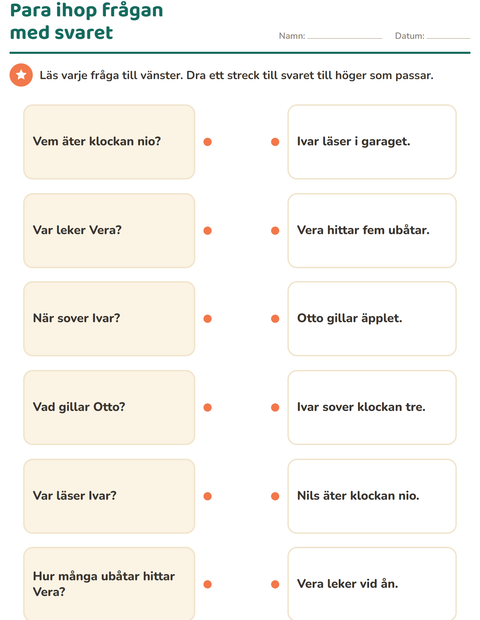 Förhandsvisning av Frågeord-arbetsblad för Årskurs 1