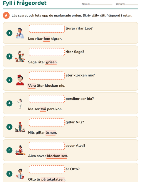 Förhandsvisning av Frågeord-arbetsblad för Årskurs 1