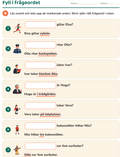 Förhandsvisning av Frågeord-arbetsblad för Årskurs 1