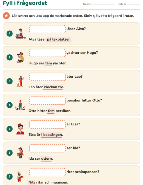 Förhandsvisning av Frågeord-arbetsblad för Årskurs 1