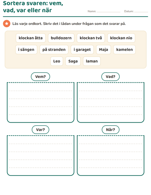 Förhandsvisning av Frågeord-arbetsblad för Årskurs 1