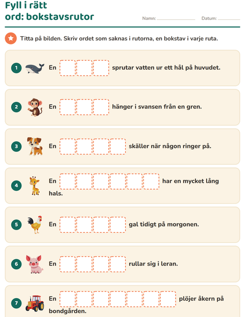 Förhandsvisning av Fyll i rätt ord-arbetsblad för Årskurs 1
