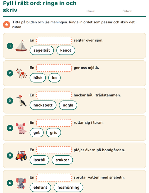 Fyll i rätt ord: ringa in och skriv