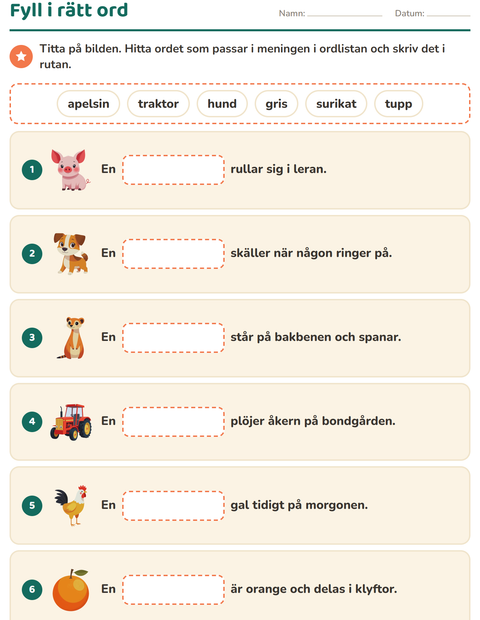 Förhandsvisning av Fyll i rätt ord-arbetsblad för Årskurs 1