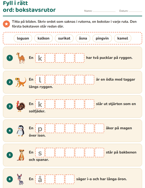 Förhandsvisning av Fyll i rätt ord-arbetsblad för Årskurs 1