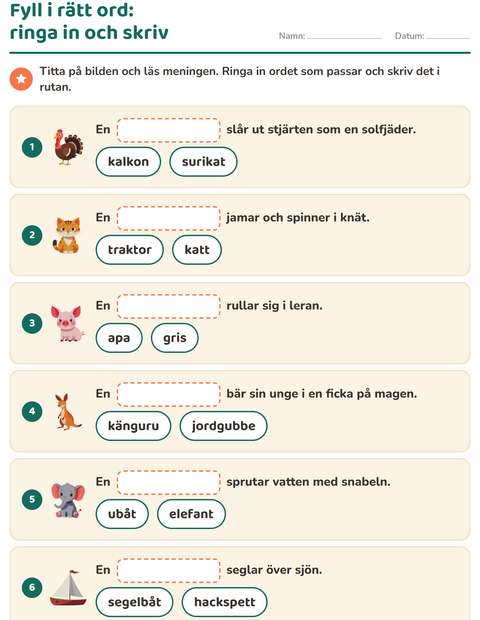 Förhandsvisning av Fyll i rätt ord-arbetsblad för Årskurs 1