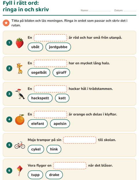 Förhandsvisning av Fyll i rätt ord-arbetsblad för Årskurs 1