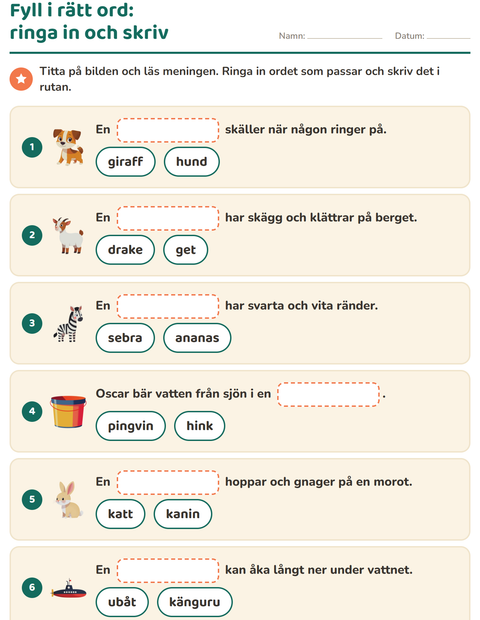 Förhandsvisning av Fyll i rätt ord-arbetsblad för Årskurs 1