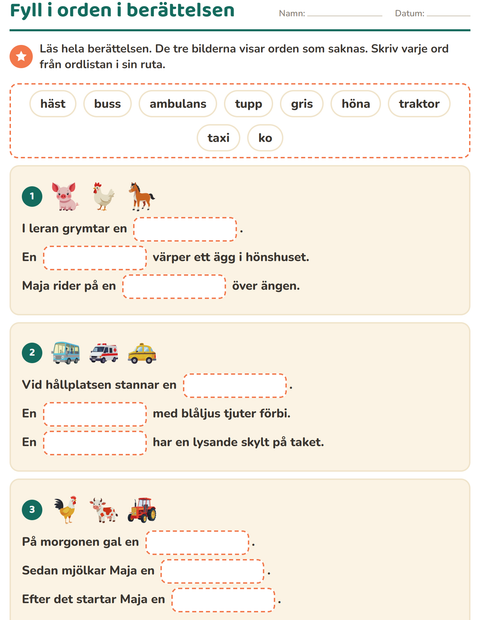Förhandsvisning av Fyll i rätt ord-arbetsblad för Årskurs 2