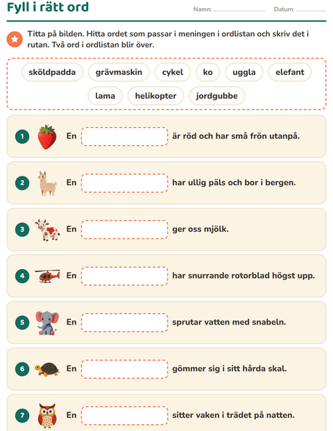 Förhandsvisning av Fyll i rätt ord-arbetsblad för Årskurs 1
