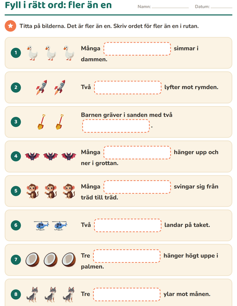 Förhandsvisning av Fyll i rätt ord-arbetsblad för Årskurs 2