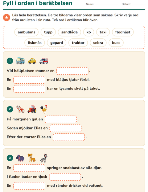 Förhandsvisning av Fyll i rätt ord-arbetsblad för Årskurs 2