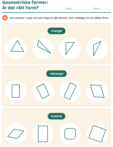 Förhandsvisning av Geometriska former-arbetsblad för Årskurs 1